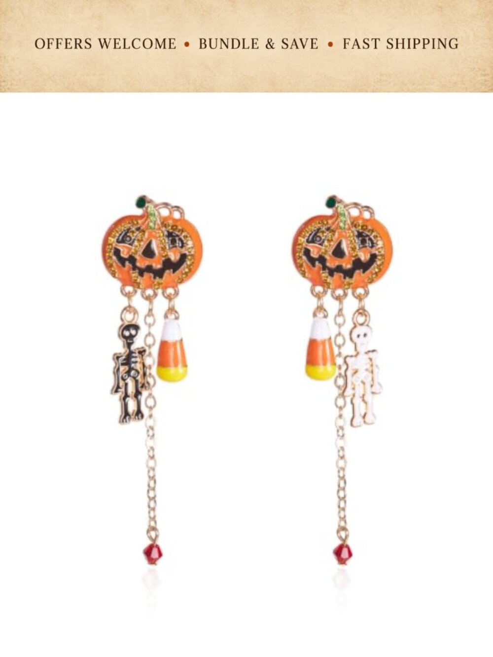 Halloween Dangle Earrings Enamel Jack-O-Lantern Rhinestone Costume Jewelry